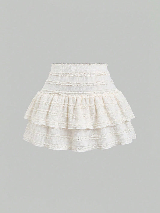 Sweetra Solid Color Ruffle Trim Number Print Double Layered Hem Skirt, Casual & Resort Y2K Outfit Mini Short Women Outfit