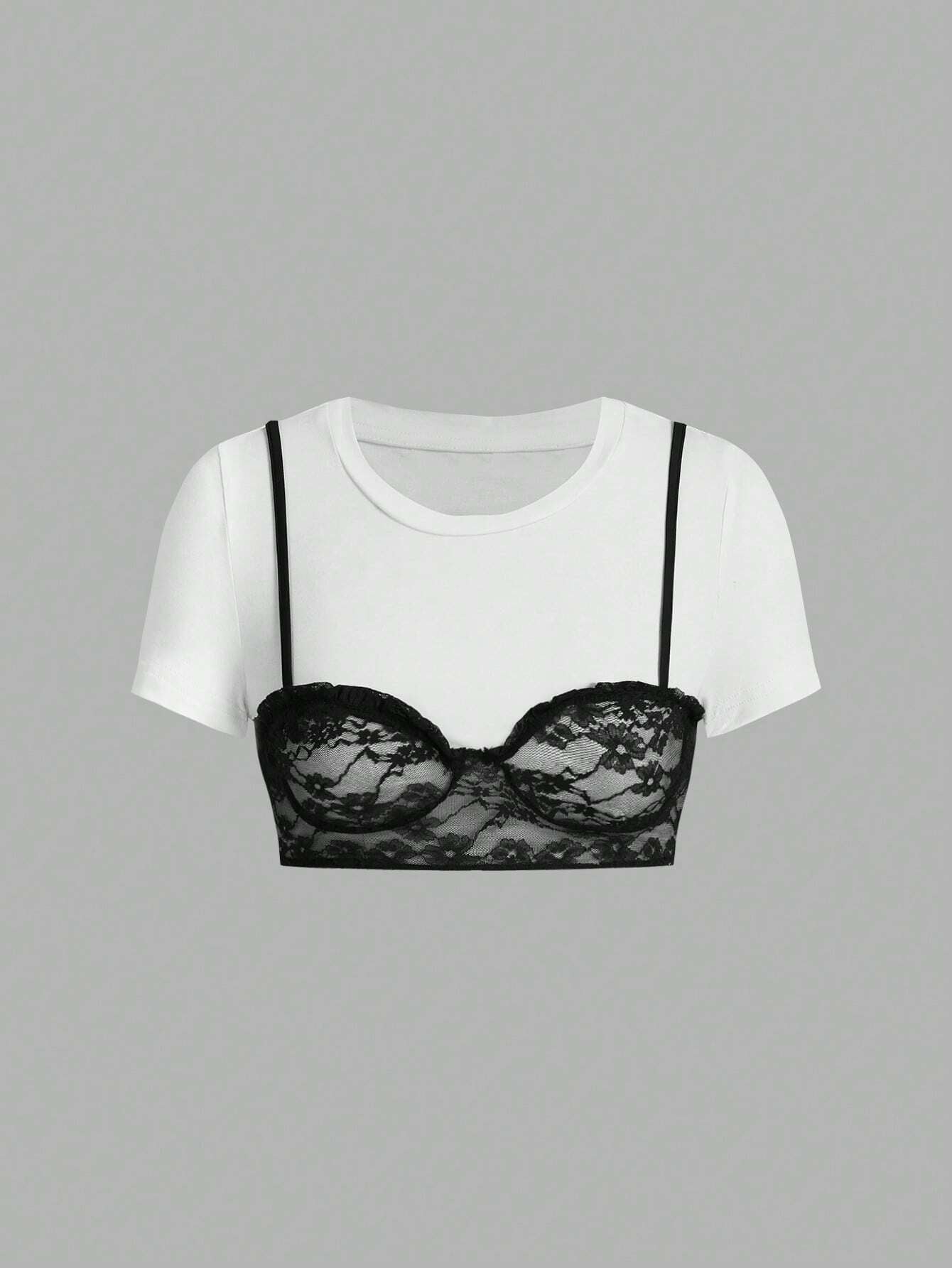 ICON Women'S Summer Crop Sleeve Contrast Lace Cropped T-Shirt with round Neck