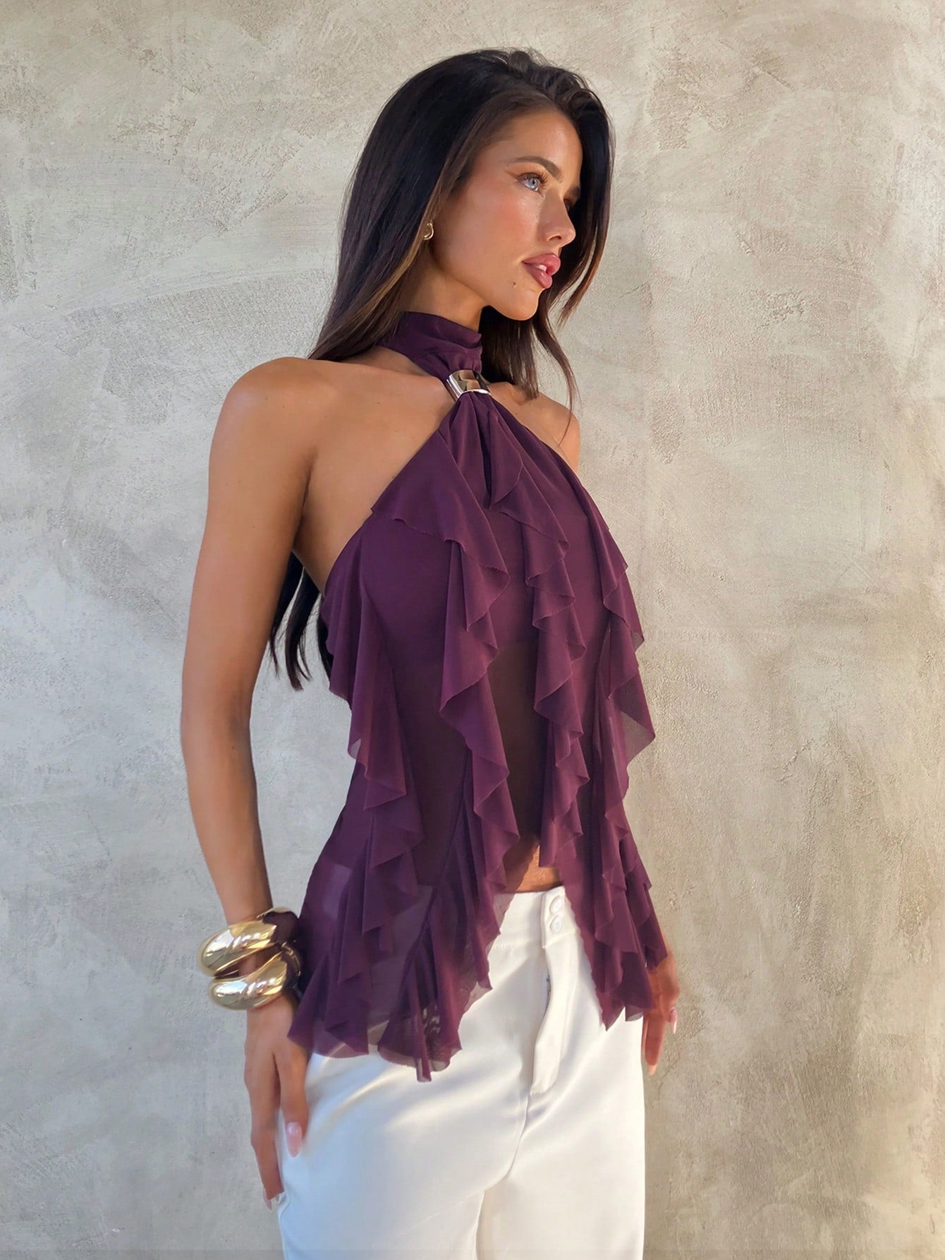 Aloruh Women'S Elegant Multi-Layer Ruffle Trim Stand Collar Fitted Tank Top Purple