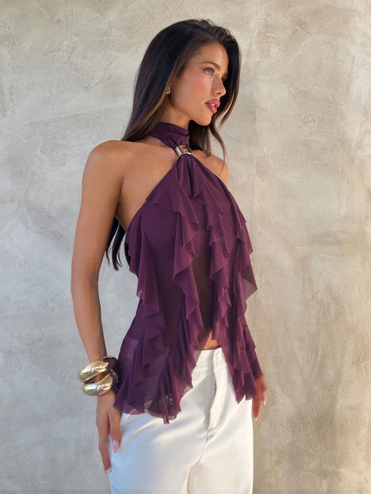 Aloruh Women'S Elegant Multi-Layer Ruffle Trim Stand Collar Fitted Tank Top Purple