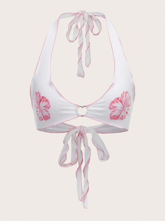 ICON Floral Print Heart Ring Detail Backless Knot Halter Top