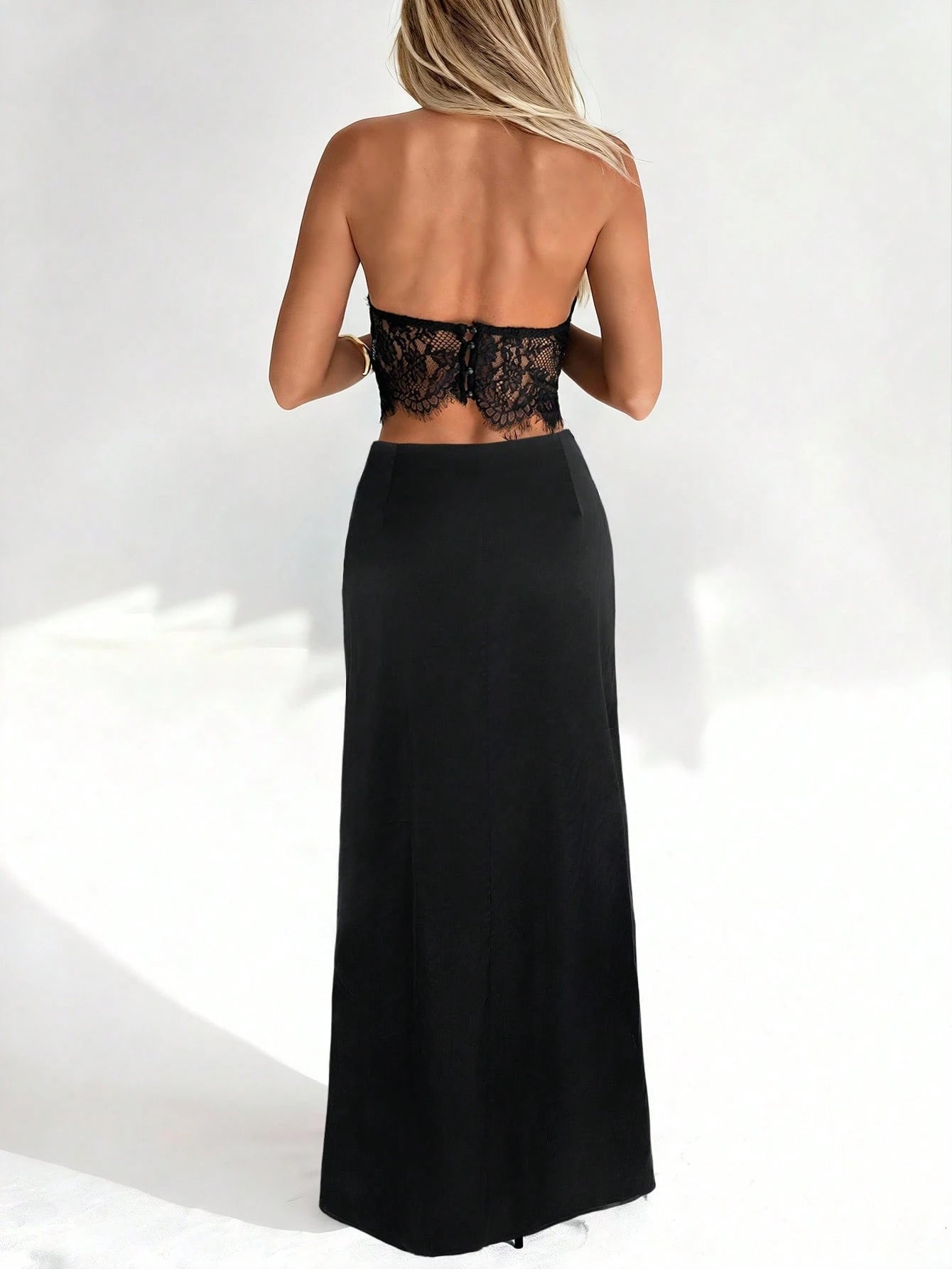 Aloruh 1 Set Women'S Sexy Party Halter Backless Sleeveless Lace Backless Camisole + Black Satin Low Waist Fishtail Skirt Black Lace Top Black See through Top