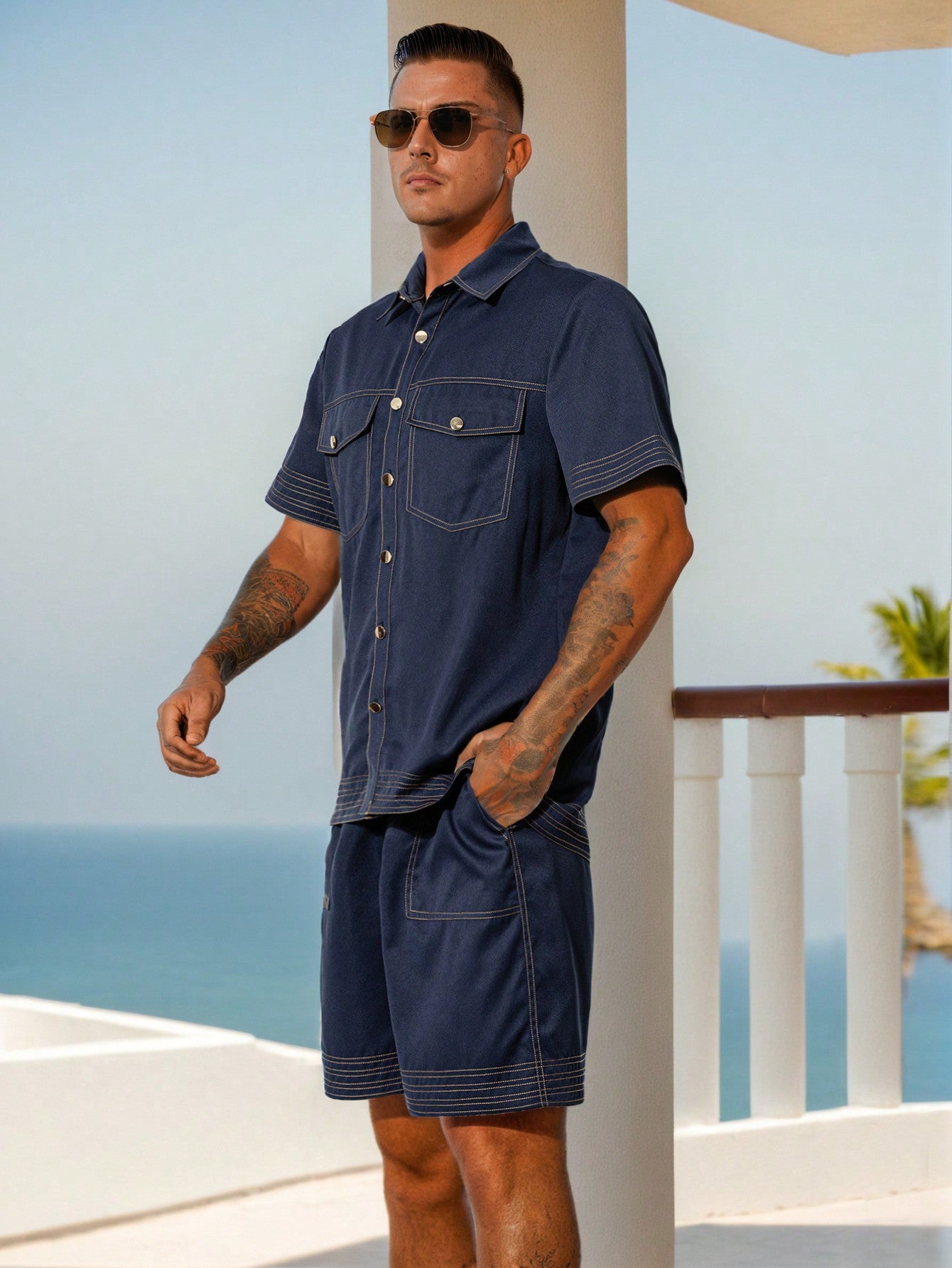Men Spring/Summer Casual Short Sleeve Colorblock Shirt Set